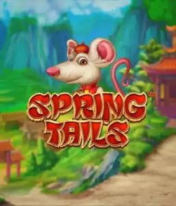 A whimsical illustration of a white rat wearing a red traditional Chinese outfit positioned in front of a scenic mountain backdrop. The image represents the Spring Tails Slot by Betsoft, showcased with striking red and gold logo text.