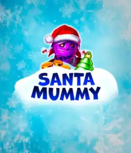  Behold the unique "Santa Mummy" slot game by Belatra, highlighting a Santa-clad mummy decked out in festive holiday attire. This colorful image presents the mummy with a vivid purple hue, wearing a Santa hat, against a backdrop of snowy blue with frosty snowflakes. The game's title, "Santa Mummy," is clearly shown in large, icy blue letters.