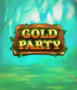 Enter the fairy-tale forest of the Gold Party game by Pragmatic Play, highlighting a charming wooden sign engraved with golden letters. The setting is a green forest which adds a sense of mystery to the slot's theme. Great for players who love enchanted forest settings, providing a delightful gaming experience. 